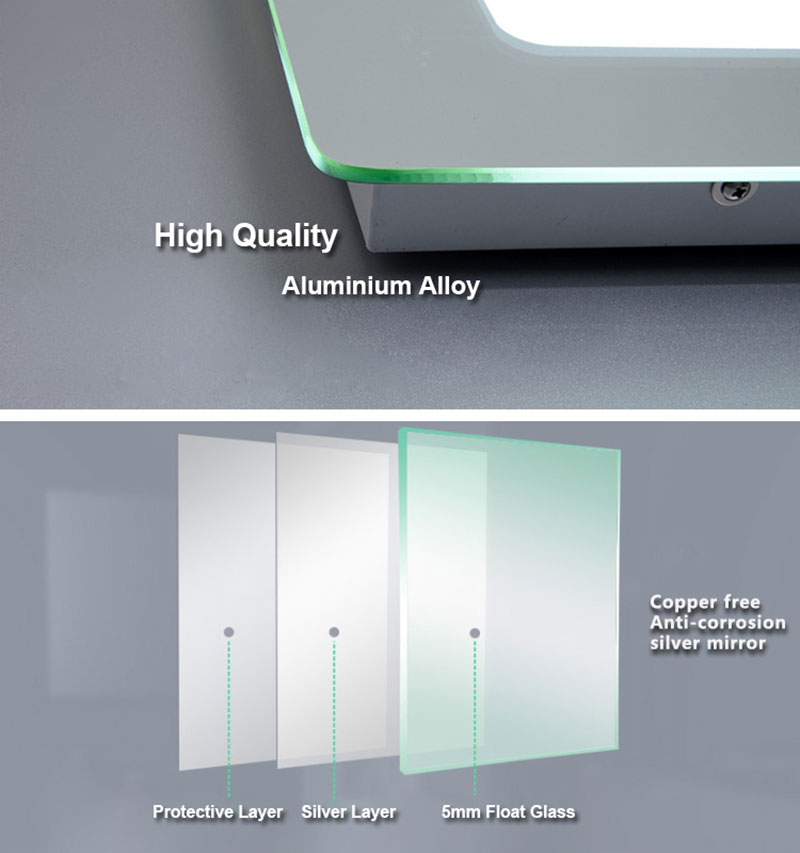 LED bathroom smart mirror with shaver socket Supply,china backlit hotel bathroom mirror suppliers,LED illuminated mirror cabinet factory,lighted wall mirror wholesaler 5